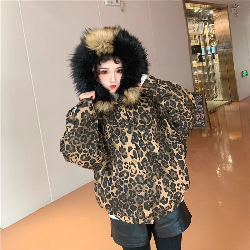 Женская парка с капюшоном MUMUZI зимняя теплая леопардовым принтом|Женские парки| |