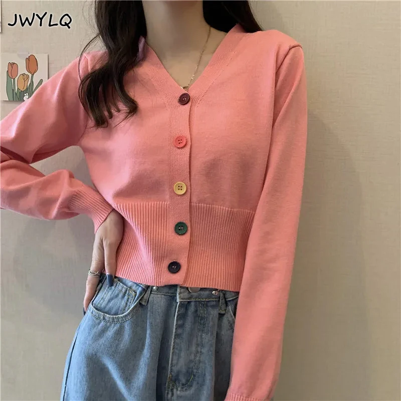 

Korean Basic Color Buttons Cropped Sweater All-match V-neck 6 Colors Student Knitted Sweater Simple Slim Sweet Women Sweater Top