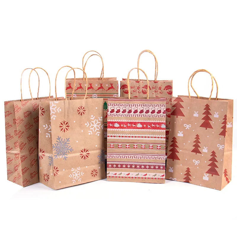 

5pcs Kraft Paper Gift Bags Snowflakes Santa Christmas Candy Cookie Packaging Bag Boxes 2022 New Year Party Natal Kids Xmas Decor