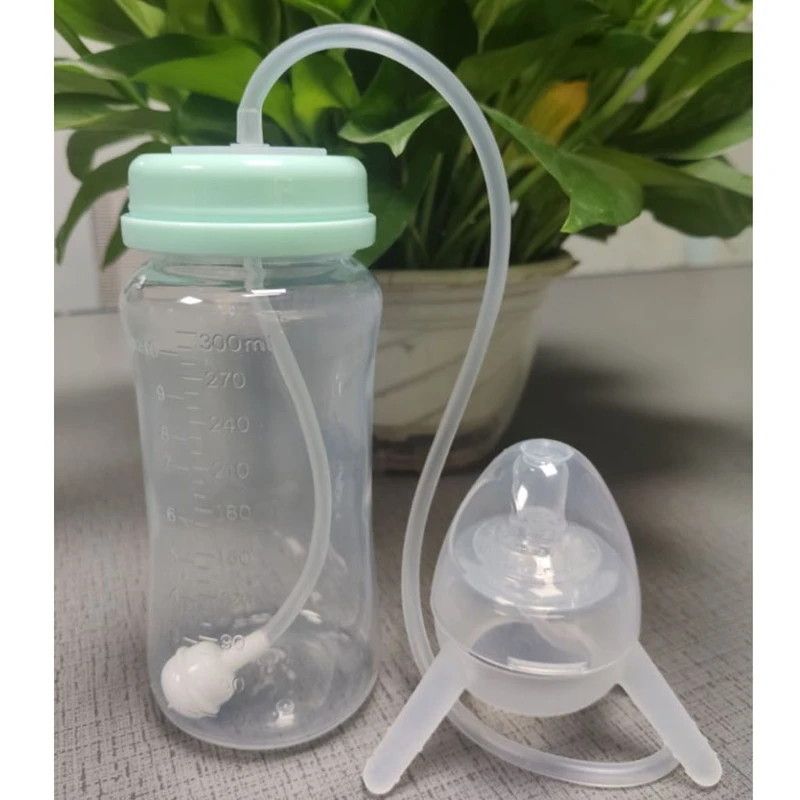 

300 ml Self-Feeding Baby Bottle with Long Straw Tube Handless Imitation Milk Weaning Bottle Anti-Colic Nursing Feeding System