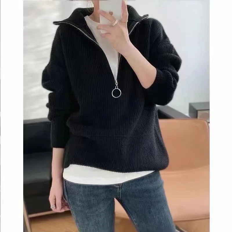 

New 2021 Knitwear Pullovers Turtleneck Sweater Women Vintage Solid Zipper Simple Autumn and Winter Korean Loose Thicken