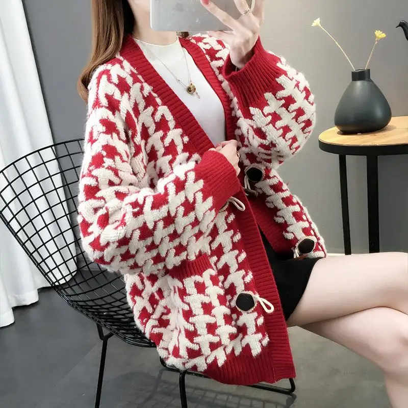 V образный вырез женское кнопка черный кардиган с узором гусиные лапки 2021 Свитер