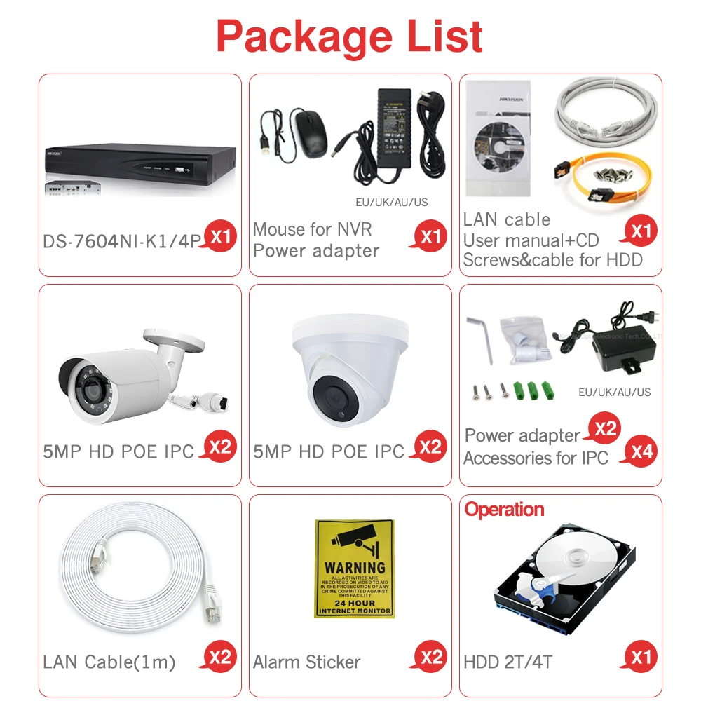 

4CH CCTV System 4PCS Ultra 5MP Security IP POE Camera with Hikvision 4 POE 4CH NVR DS-7604NI-K1/4P DIY Video Surveillance Kits