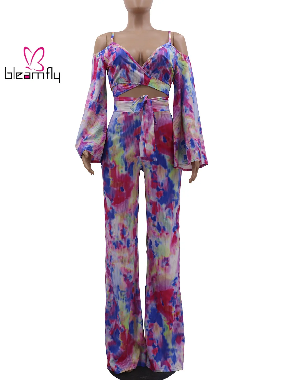 Новинка Женский шифоновый топ с длинным рукавом прямые штаны комплект из двух