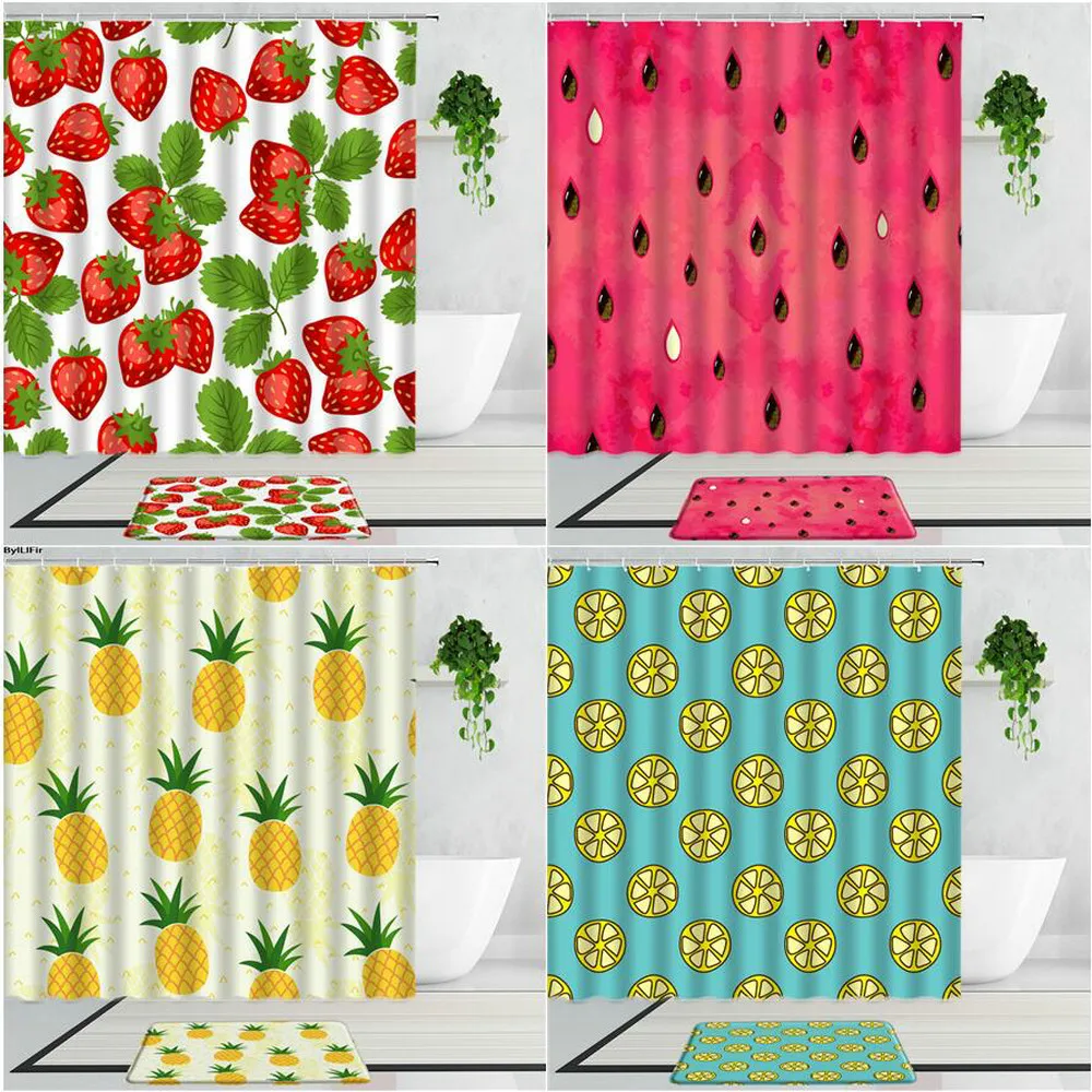

Tropical Fruit Shower Curtains Strawberry Watermelon Pineapple Lemon 3D Printing Bathroom Curtain Set Non-Slip Bath Mats Carpet