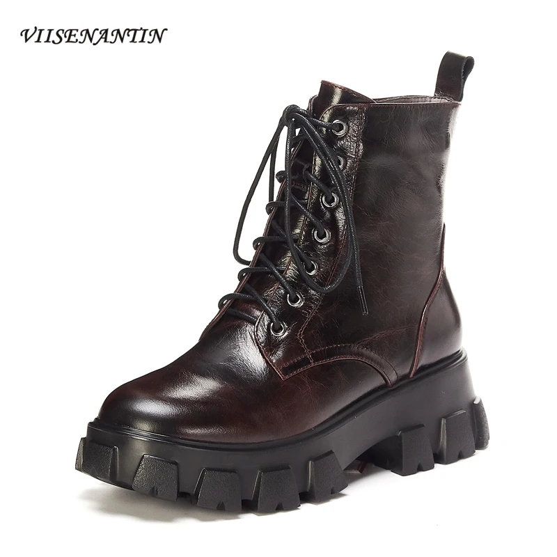 

Рыцарские ботинки на толстой подошве, Зимние новые кожаные ботильоны в британском стиле на шнуровке, женские мотоциклетные ботинки в стиле ...