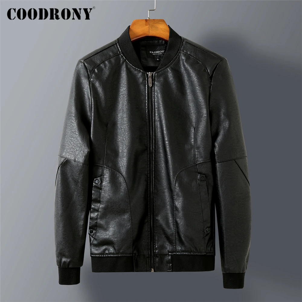 

COODRONY/брендовые Куртки из искусственной кожи для мужчин; Новое поступление; Весенние классические однотонные пальто на молнии с v-образным в...