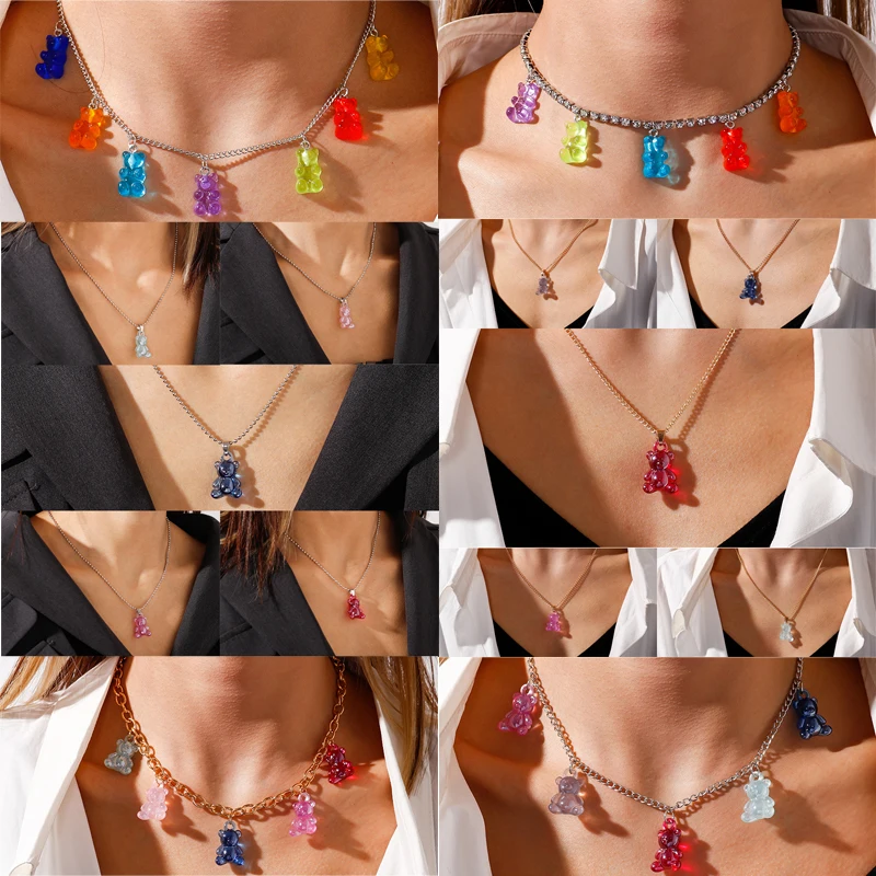 

Creative Tassel Gummy Bear Necklaces for Women Colourful Animals Choker Necklaces Pendants GIrl Daily Jewelry Gifts