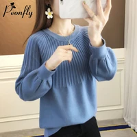 peonfly womens sweater 2020 autumn winter knitted pullover casual lantern sleeve women tops casual solid jumper blue green