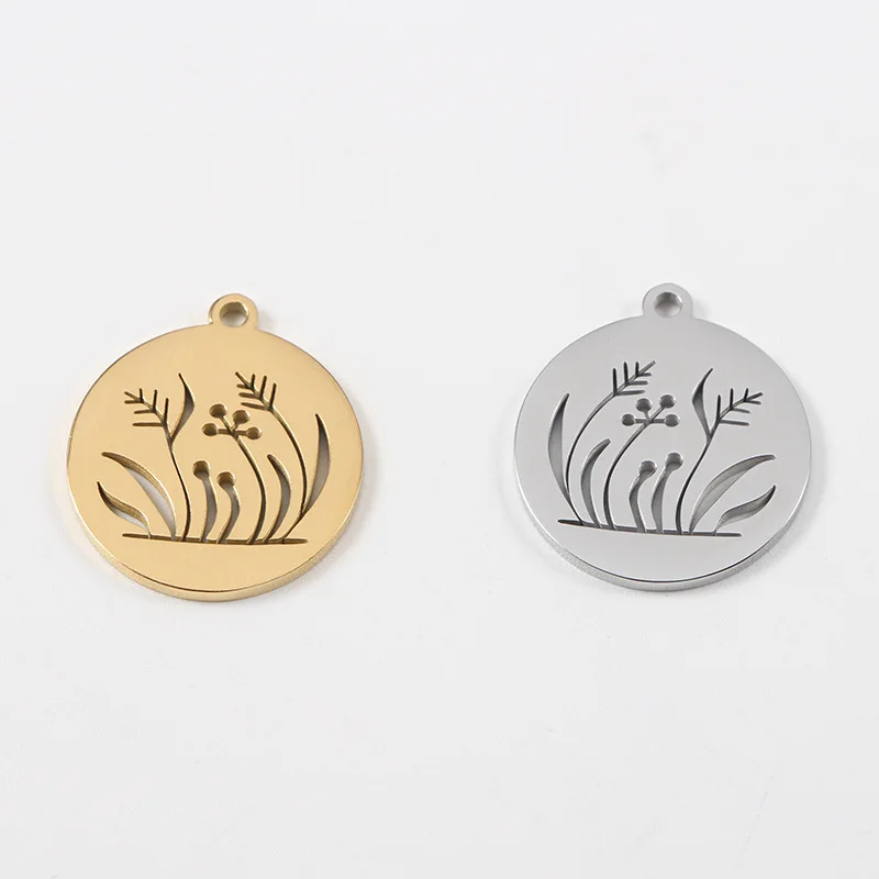 

10pcs/Lot Stainless Steel Mirror Polish Hollow Flowers and Plants Round Charm For DIY Jewelry Making Accessories