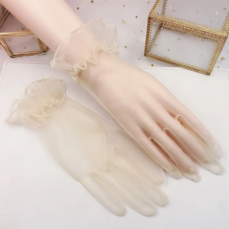 

Women Tulle Ruffled Trim Full Finger Gloves Bridal Wedding Party Vintage Sheer Mesh Solid Color Wrist Length Mittens