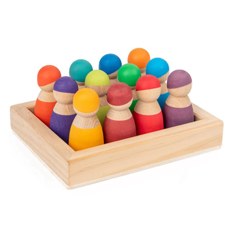 

Wooden Rainbow Blocks Montessori Toys 12 Friends Peg Dolls Bodies Baby Pretend Play People Figures Shape Kids Educational Toys