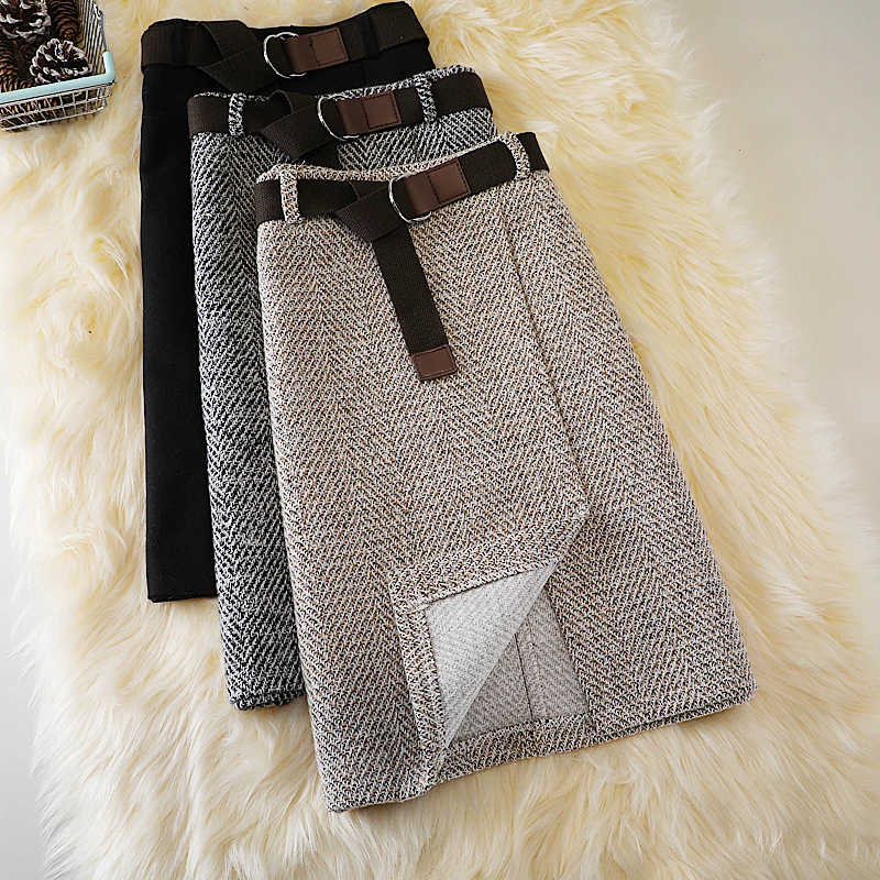 Tweed Woolen Skirt for Women Autumn Winter 2021 New Korean Fashion Black Gray Chic Knee Length High Waist Skirts With Belt | Женская