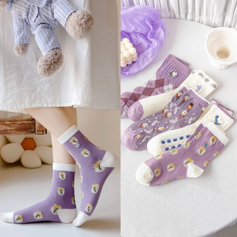 

10 pieces = 5 pairs new 2021 autumn winters purple flowers institute wind female warm socks women socks
