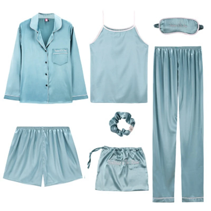 Spring Summer Women 7 Pieces Silk Pajamas Sets Sexy Sleepwear Pyjamas Soft Nightgrown For Women Silk Satin Pajama New