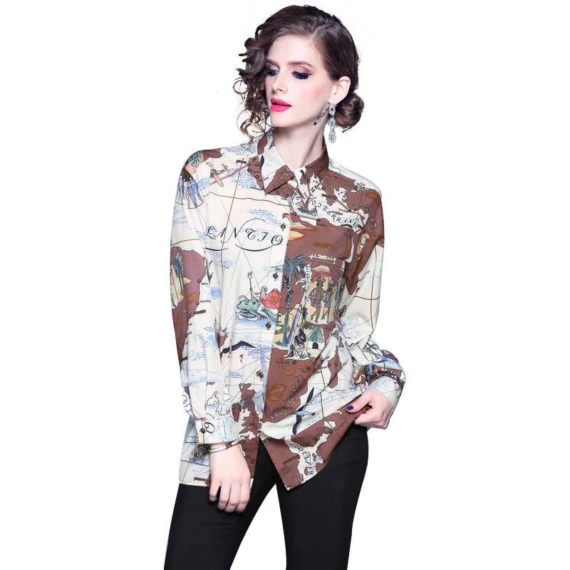

New Elegant Vintage Fashion Women Spring Autumn Print Slim Shirt Office Lady Turn Down Collar Long Sleeve Blouses Tops