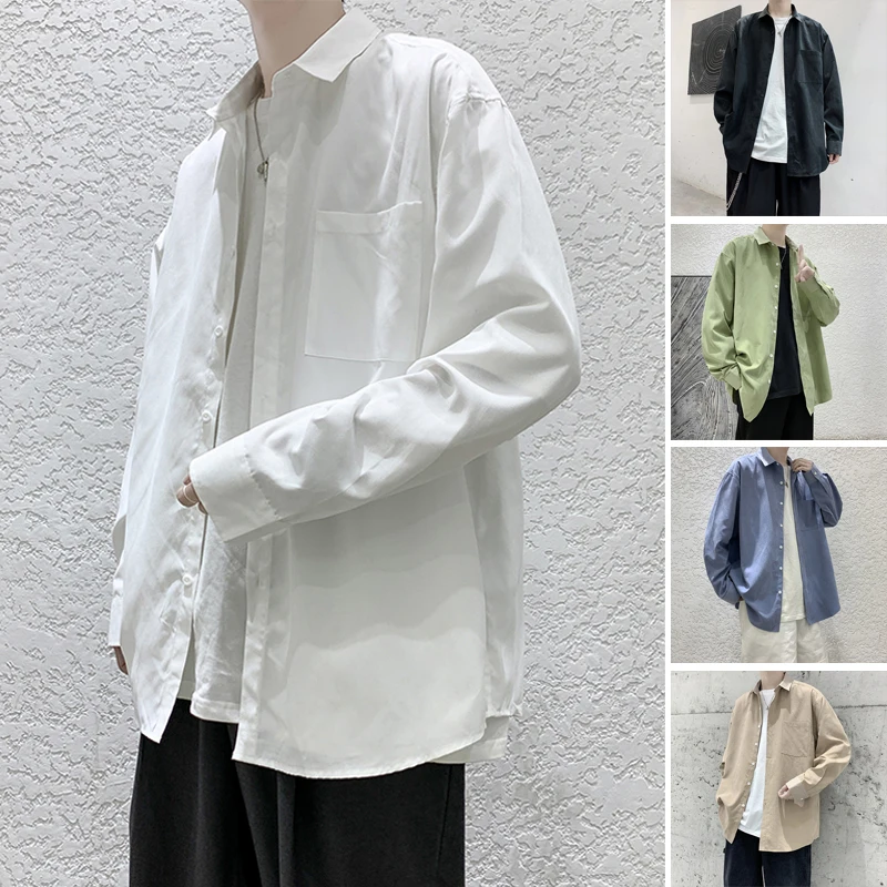 

Casual Men Shirt Harajuku Loose Shirts Japanese Streetwear Hip Hop Vintage Long Sleeve Shirt Solid 100% Cotton Chemise Homme