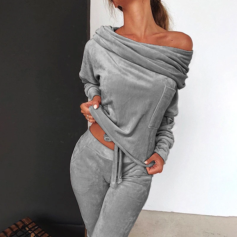 

Женский спортивный костюм, бархатный комплект из 2 предметов, свитшот на одно плечо и штаны, спортивный костюм, пуловер, осень 2020