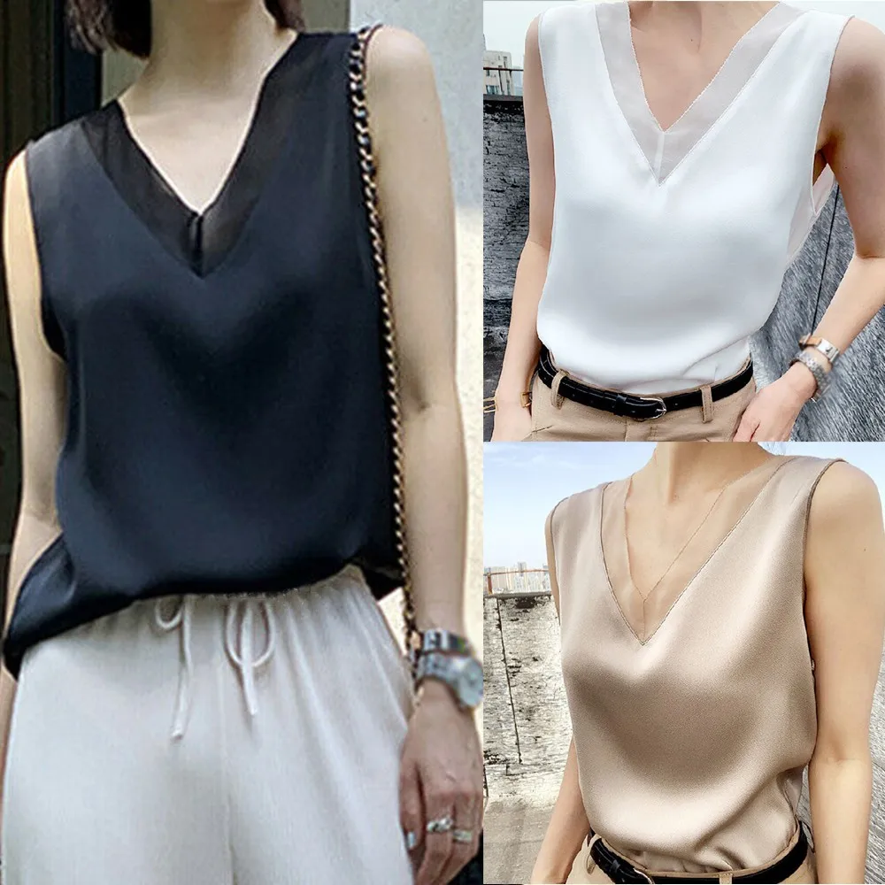 

Elegant Women OL V-neck Silk Satin Sleeveless Tank Camisole T-shirt Tops Blouse Vest Summer Ladies Harajuku Shirts Slim Fit 2021