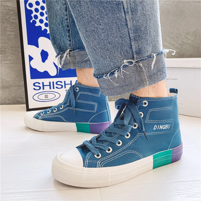 

2022 Spring Summer New Blue Canvas Shoes Men Flat High Top Casual Shoes For Men Fashion Streetwear Designer Mens Canvas Sneakers