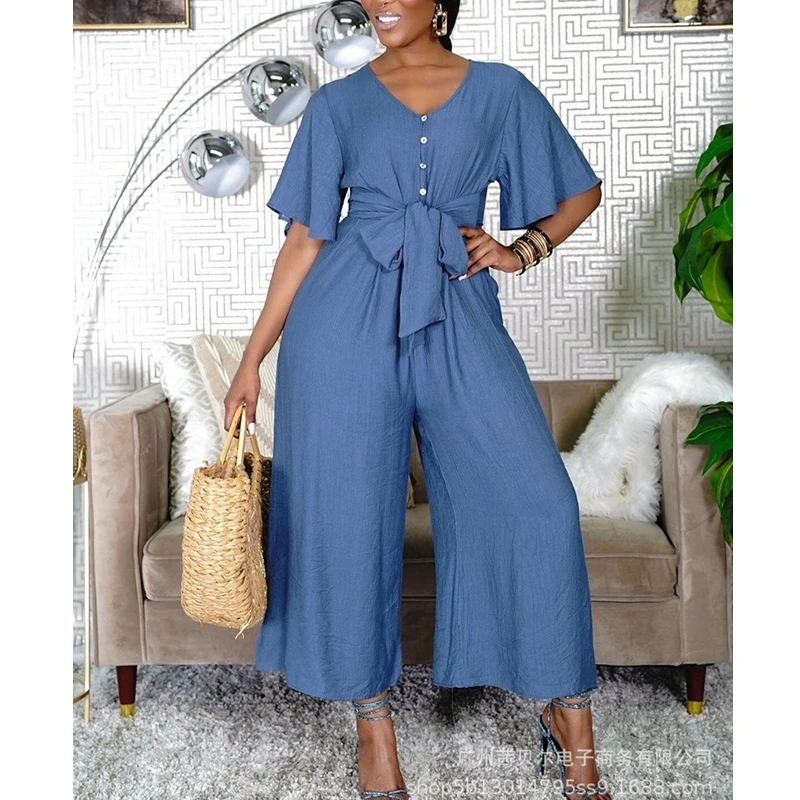 

WEPBEL Jumpsuits Women's Solid Color Single-Breasted Lace Up Jumpsuits Summer Short Sleeve V-neck Loose Wide Leg Jumpsuits