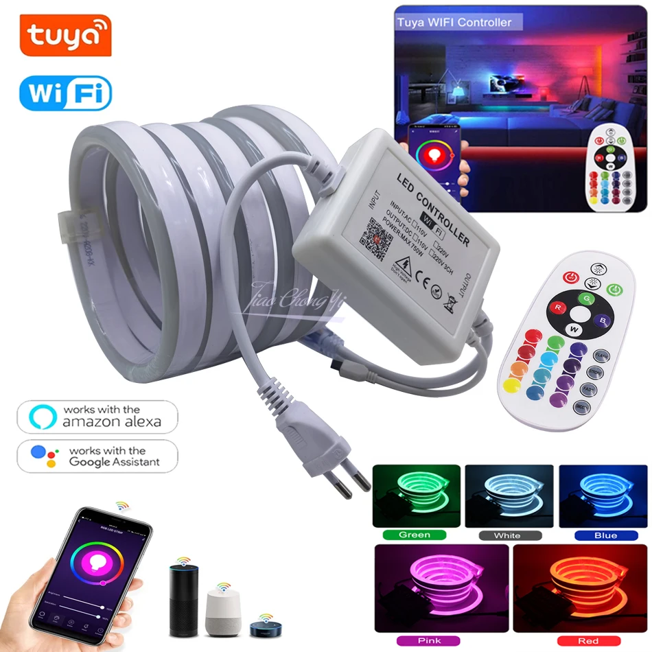 Smart Tuya WiFi Control RGB Neon Strip Light Lamp 5050 80LED/m Flexible LED Rope EU 220V US 110V Plug | Освещение