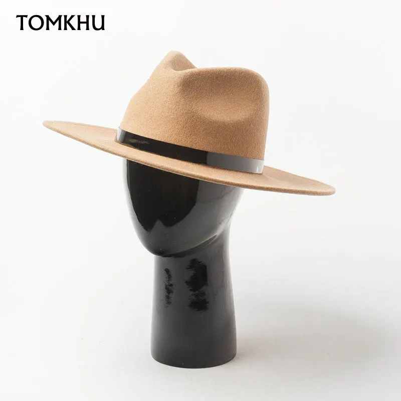 Classical Pure Wool Felt Hat For Female Wide Brim Fedora Hat Simple PU Leather Band Fall Winter Hat Black Derby Sombrero Mujer