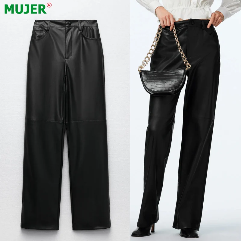 

Женские брюки из искусственной кожи Za, черные прямые брюки с высокой талией, уличная мода, осень 2021