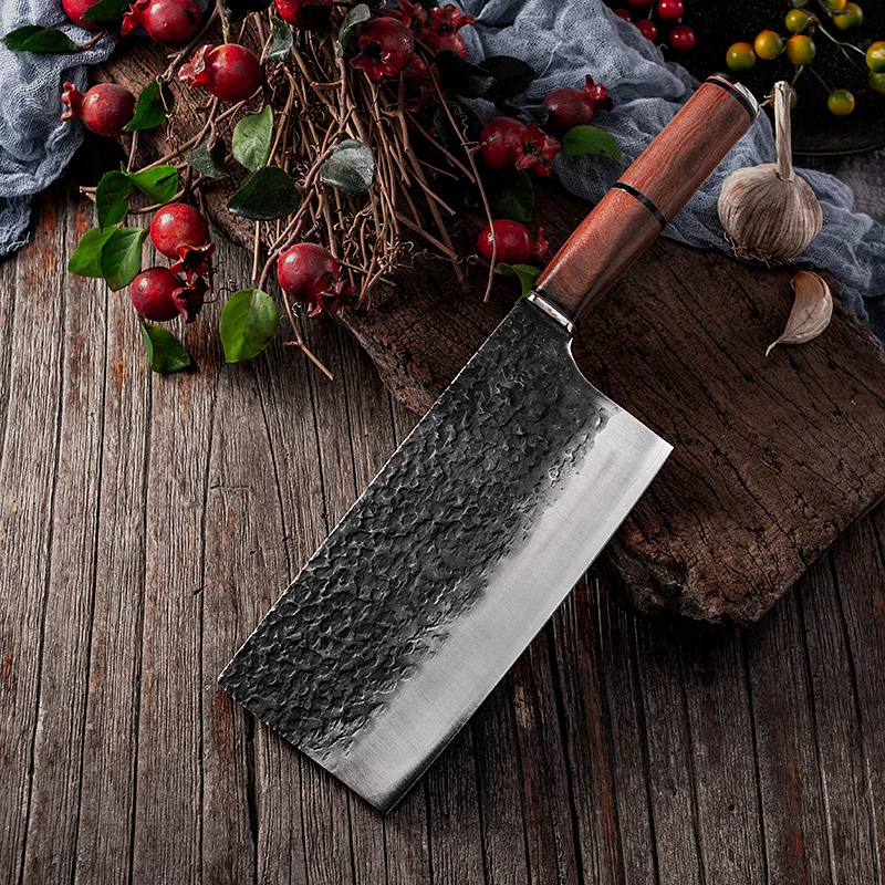 

Traditional Handmade Forged Kitchen Knife Hammer Stainless Steel Chef's Chopper Cooking Knives Wooden Meat Slicer Butcher