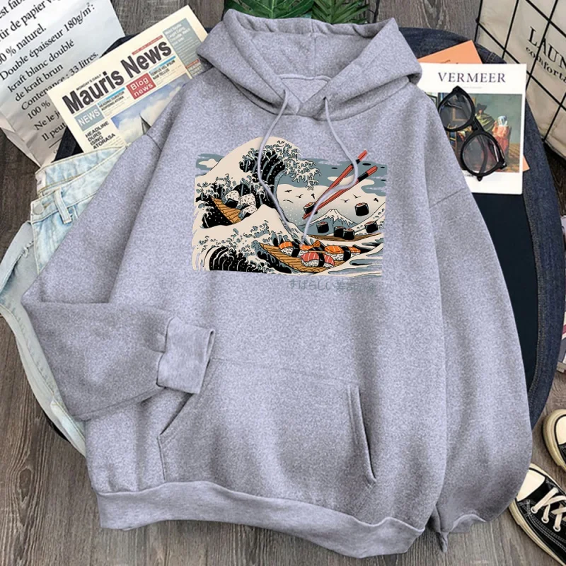 

Moletom com capuz estampa the great wave, casaco masculino solto de lã harajuku com capuz moda vintage, blusão punk hip hop.