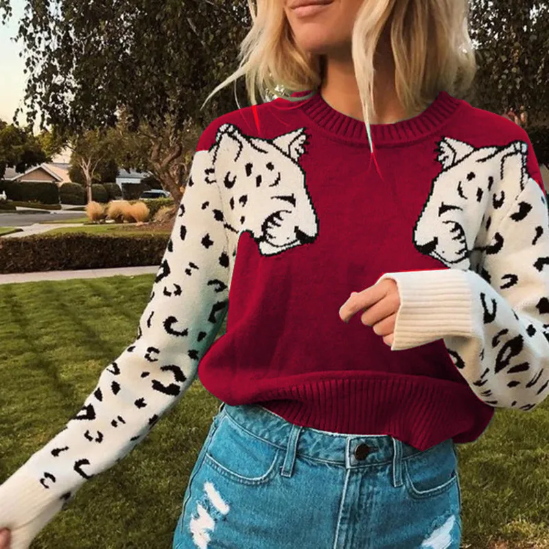 

Sweater Woman's Arm Leopard Pattern Knitted Long sleeve Pullover Tops