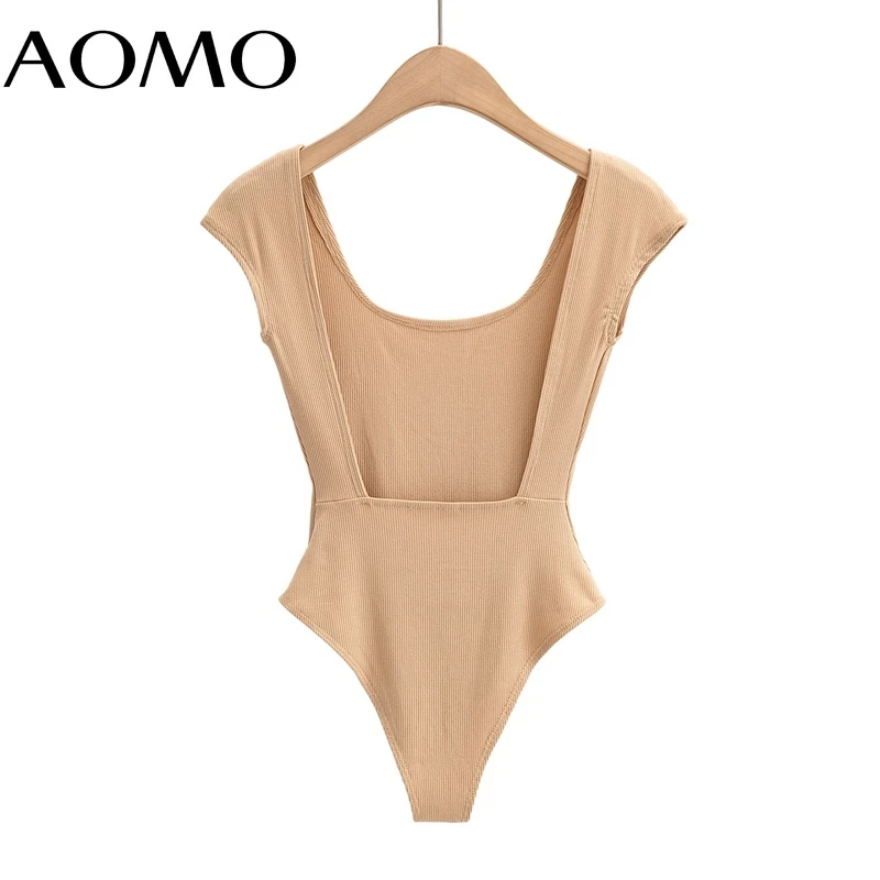 

AOMO 2021 Fashion Women Solid Strethy Bodyshirt Shirt Playsuit Square Neck Backless Short Sleeve Female Tops 4P91A