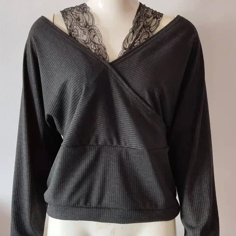 

Sexy Solid Color Lace V-neck Sling Strapless Long-sleeved Women's Top Casual Elegant Knitted All-match Office Stitching T-shirt
