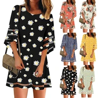 dresses for women 2021 fashion women casual v neck net yarn flared sleeve printing loose dress casual dress floral party dress