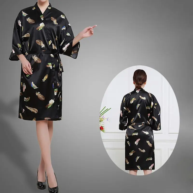 

Fashion Feather Printed Salon Client Gown Kimono Style Hair Cutting Gown Smock 896D