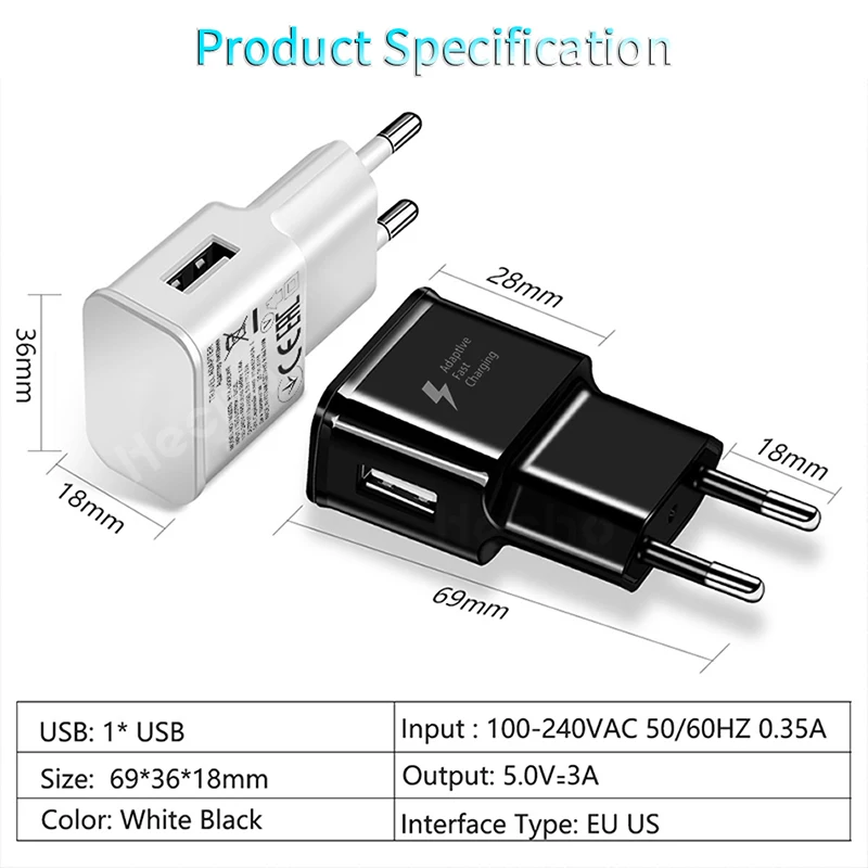 

5V/3A USB Charger With Type C Cable Set Fast Charging Adapter EU/US Plug For Samsung Galaxy S20 S10 S9 S8 S7 Travel Wall Charger