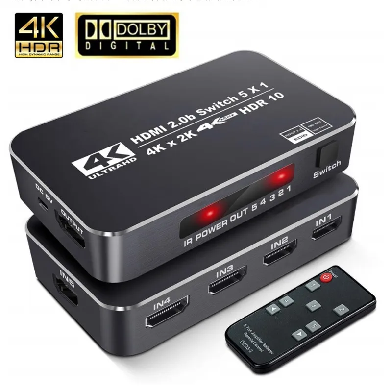 

HDMI Switch 5 port with remote 4K 60Hz HDR HDMI 2.0 Switch 4 in 1 out for PS5 PS4 pro apple TV Blue-ray DVD player