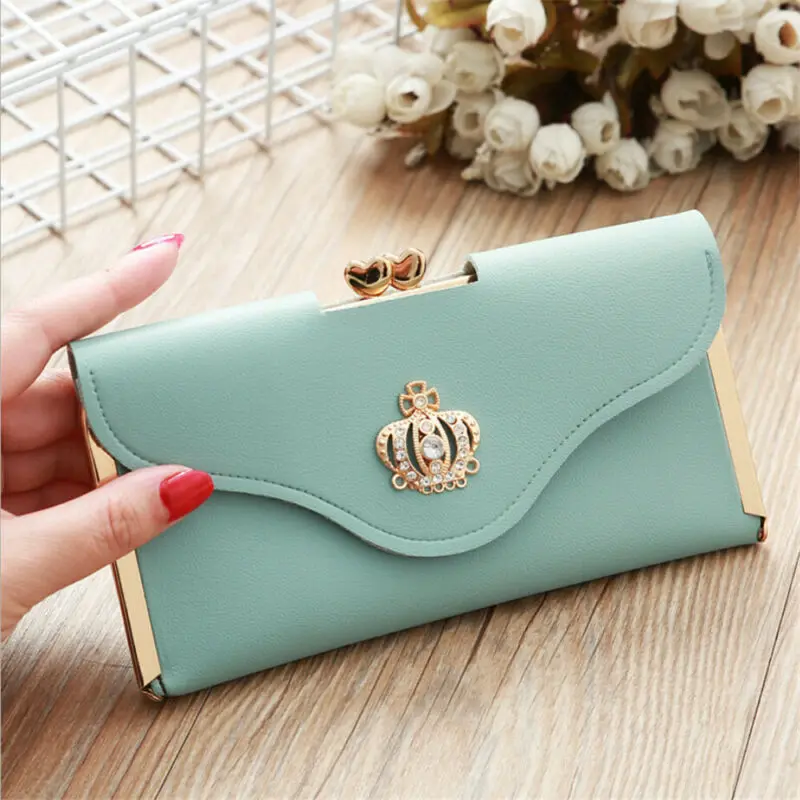 

Womens Wallet Ladies Crystal Diamond Crown Decorated Long Card Holder Clutch Bag Case Female Retro Leather Purse Handbag