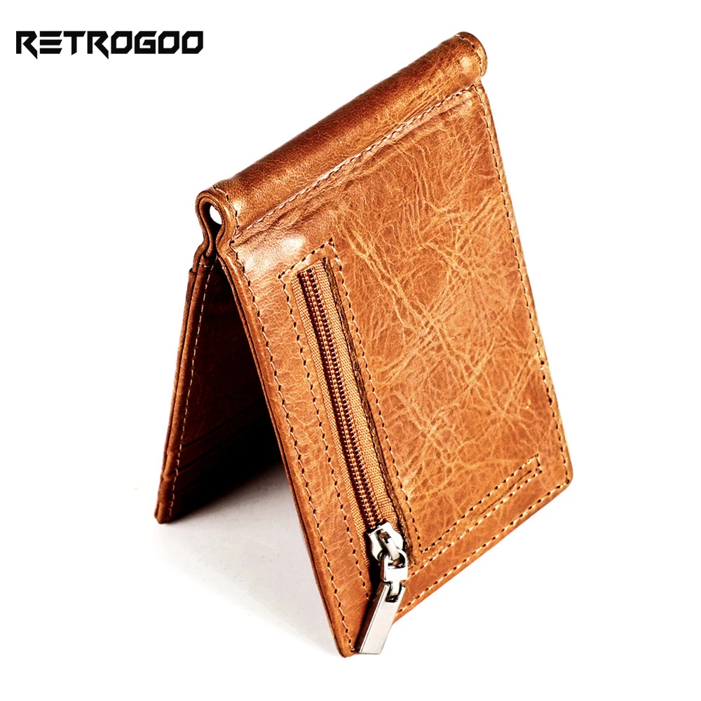 RETROGOO Male Genuine Leather Design Fashion Slim Money Clip Zipper Coin Pocket Men Wallet RFID Blocking Mini Purse Money Bag