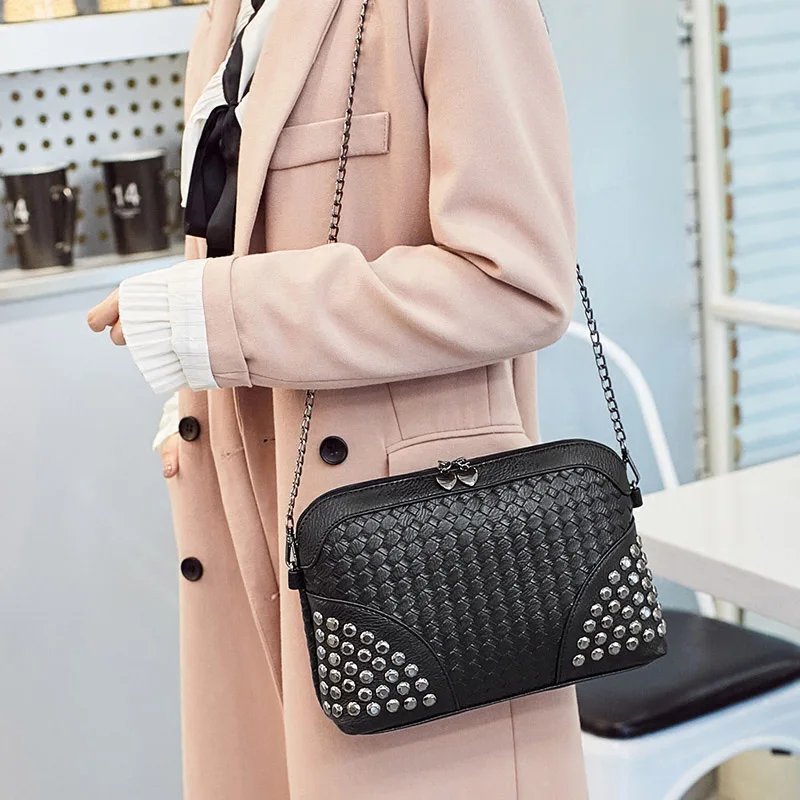 

Knitting Crossbody Bag Women Silver Hand Bags Mini Gold Woven Day Clutch Rivets Black Leather Beach Shoulder Messenger Bag XA93H