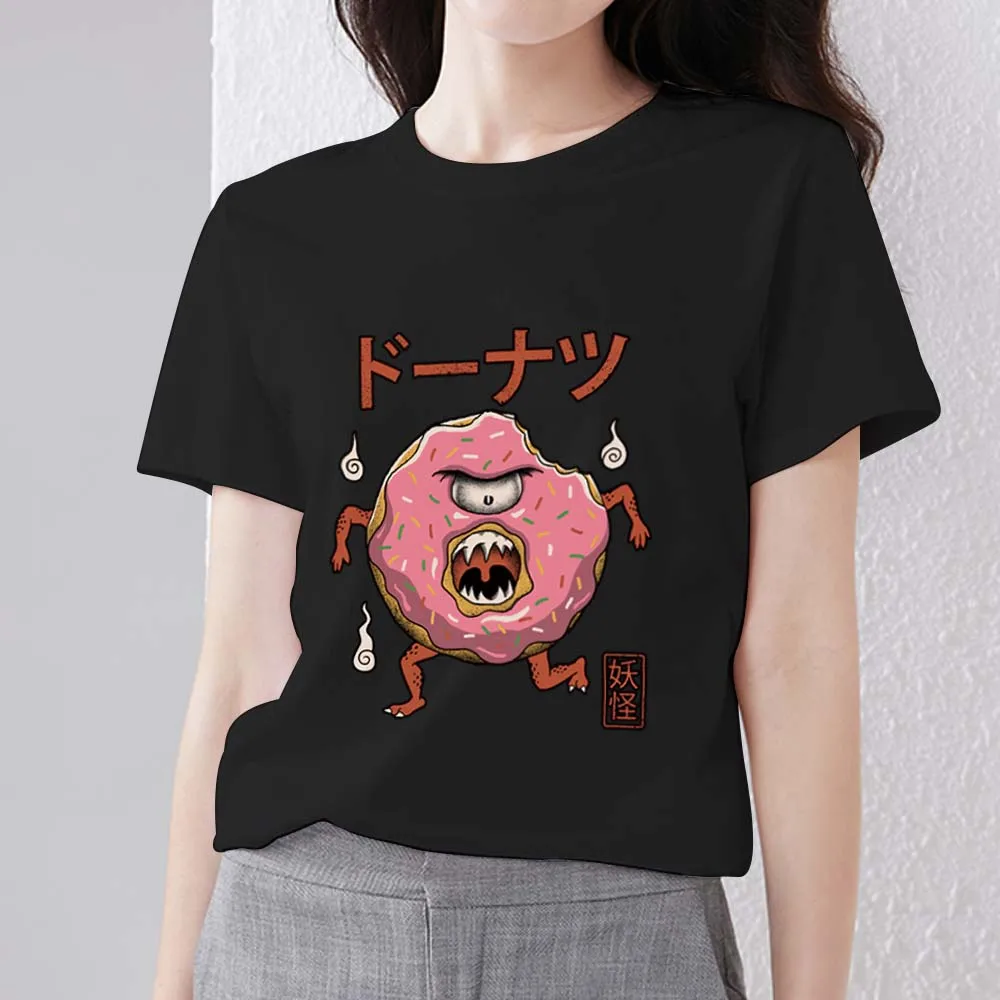 

Women's T-shirt Casual Basic Harajuku Cartoon Cute Donut Monster Pattern Printing Fashion Series Commuter O-neck Soft Black Top
