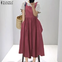 vintage overall dress womens summer sundress zanzea 2022 casual square neck midi vestidos female solid robe femme