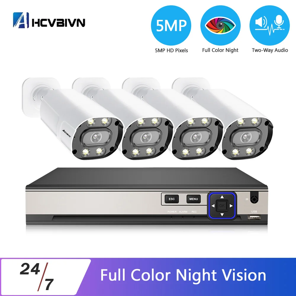 

Cctv Security Camera Video Surveillance System Kit 5mp POE 4CH NVR Outdoor Two-way Audio Color Night Vision Ip Bullet Camera Set