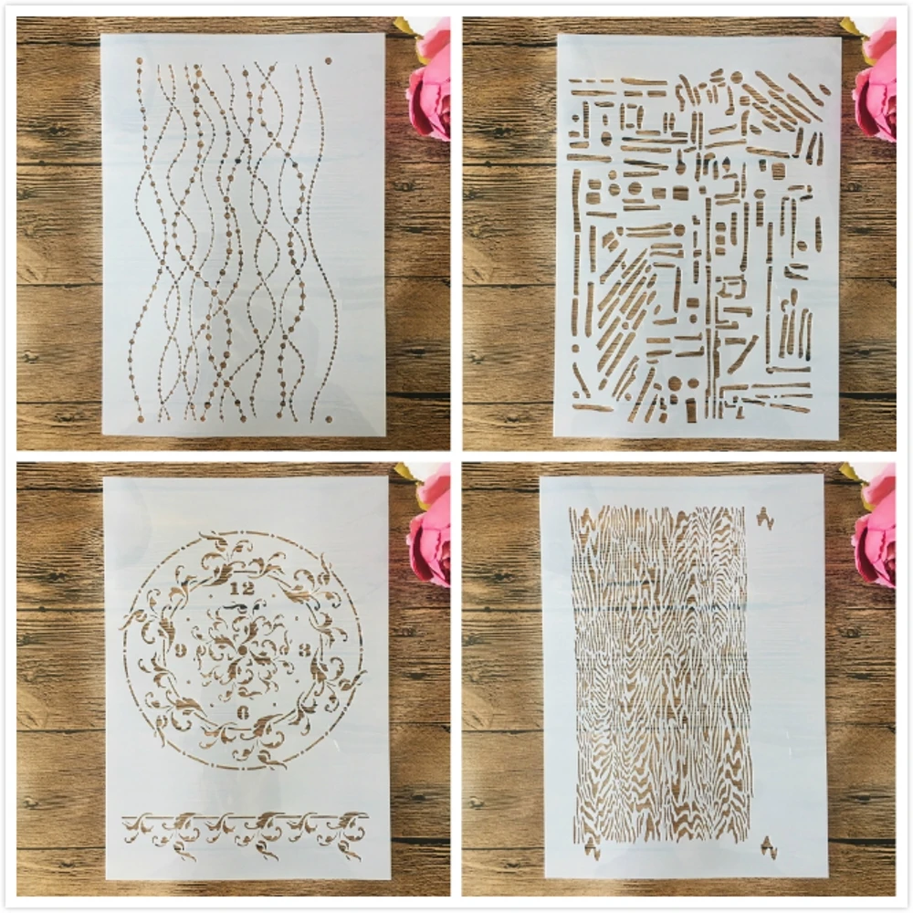 

4Pcs A4 29cm Thin Line Wooden Dial DIY Layering Stencils Painting Scrapbook Embossing Hollow Embellishment Printing Lace Ruler