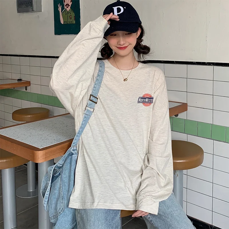 

American Retro Hiphop Trendy Brand Long Sleeve T-shirt Women's Loose Ins European and American Street Style Thin Hong Kong Style