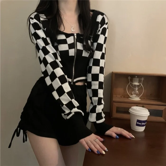 Вязаный кардиган в черно-белую клетку для женщин осенняя популярная одежда
