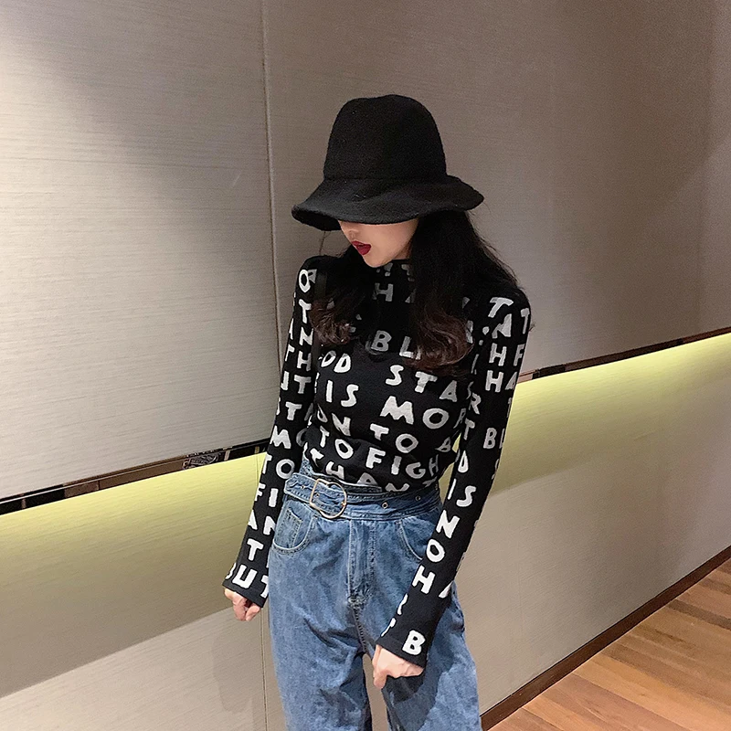 Женская водолазка с буквенным принтом GRUIICEEN облегающая футболка длинными