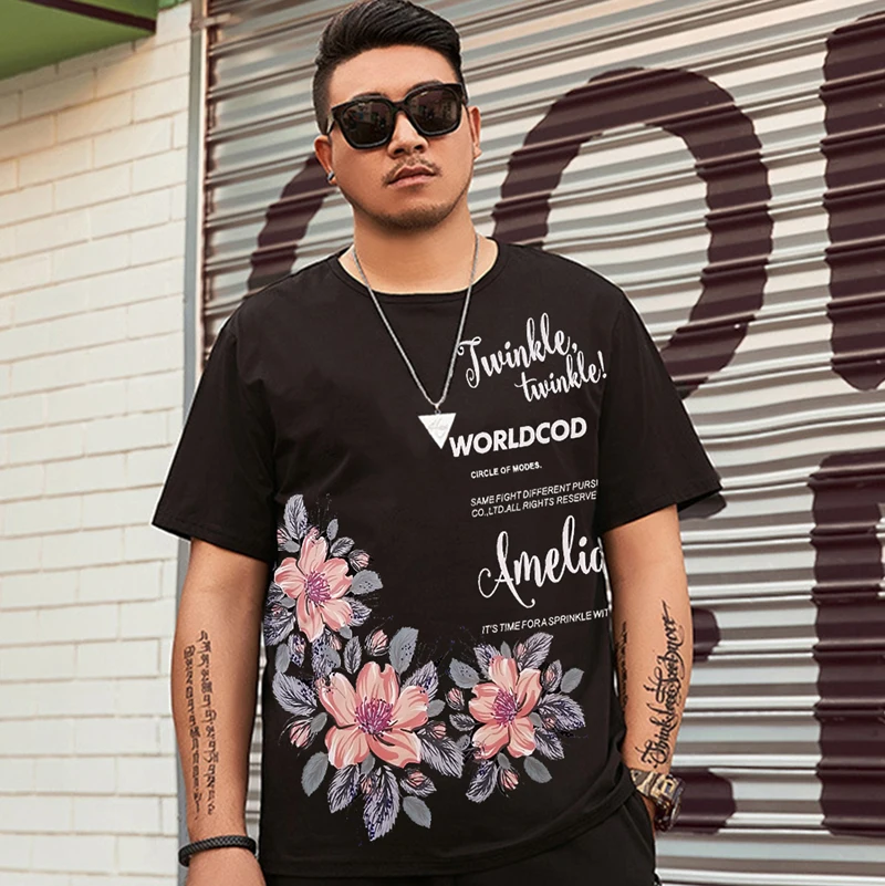 

Short Sleeve cotton big T Shirt Men's Tops Tees o Neck print flowers T-shirt Men Casual Summer Tshirt Plus Size 2XL-9XL 160cm