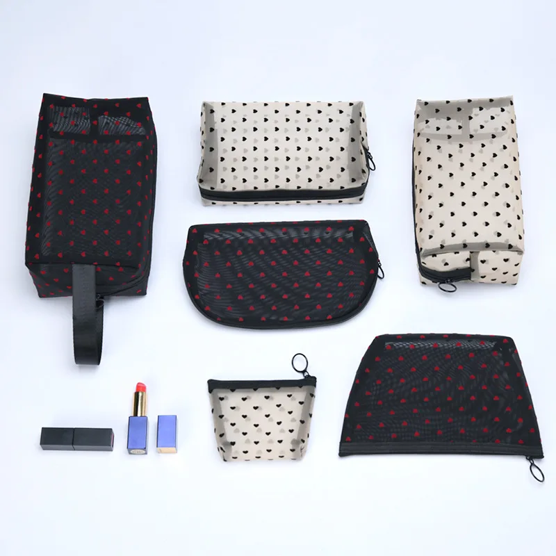 Fashionable New Mesh Flocking Cosmetic Bag, Jewelry Storage Bag, Transparent Travel Toiletry Storage Bag, Large-capacity Packagi