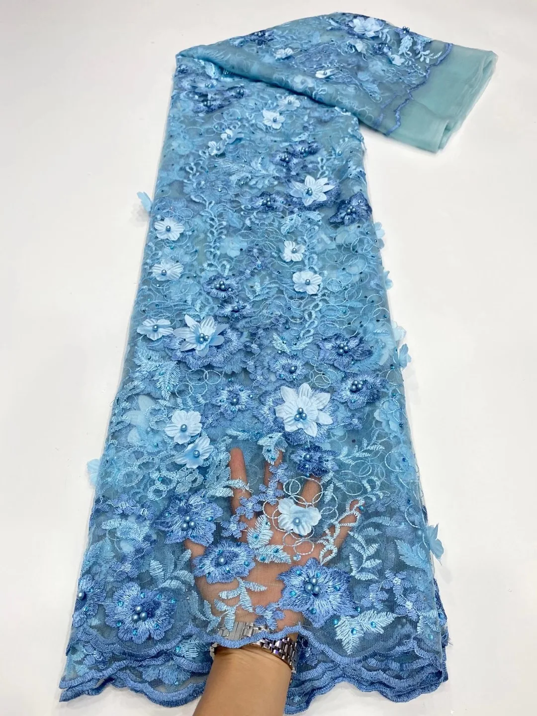 

Небесно-Голубой 3d Африканский Цветочный вышитый тюль кружево, жемчужная африканская кружевная ткань 2021 высококачественные кружевные буси...